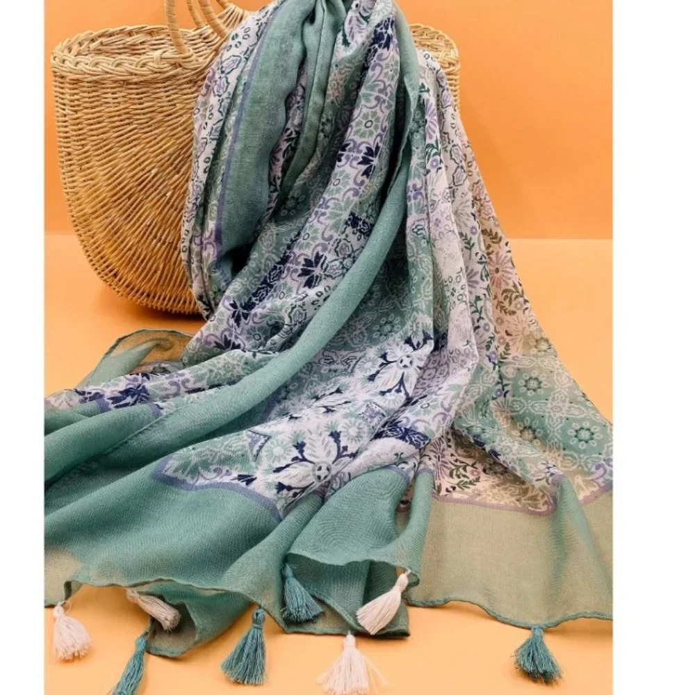 Boho Green Floral Scarf Women Lightweight Soft Shawl Wrap Long Polyester
